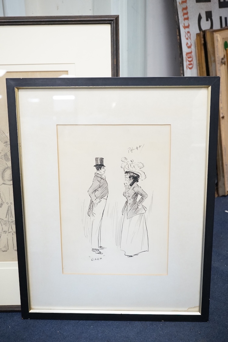 Phil May (1864-1903), four monochrome ink and charcoal figural cartoons and caricatures to include ‘Garn’, each is signed, some with inscriptions, largest 36 x 25cm. Condition - fair
